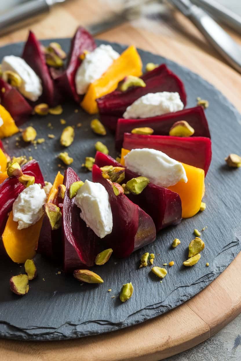 Indoor photo of roasted red and golden beet wedges layered with soft goat cheese dollops and crushed pistachios on a slate platter. No text or logos.