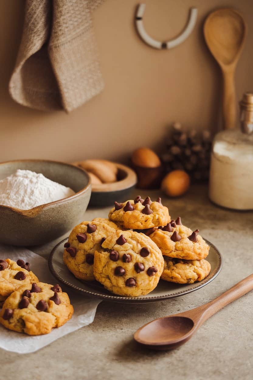 Photo prompt: Indoor countertop with golden vegan cookies made from chickpea flour, dotted with chocolate chips, casual rustic setup, no text or logos.