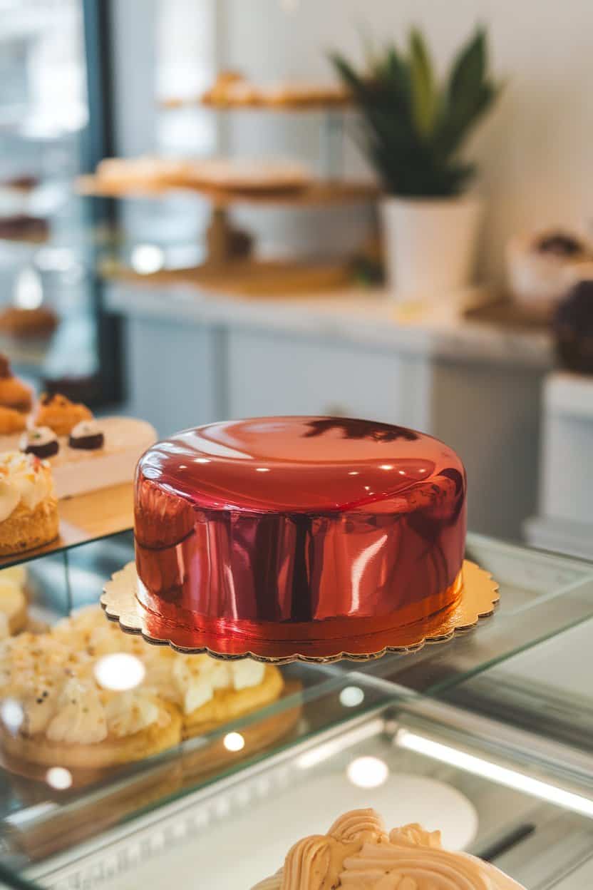 Indoor patisserie counter featuring a petite cake coated in glossy red mirror glaze with a mirror-like shine reflecting ambient lights, no text or logos.