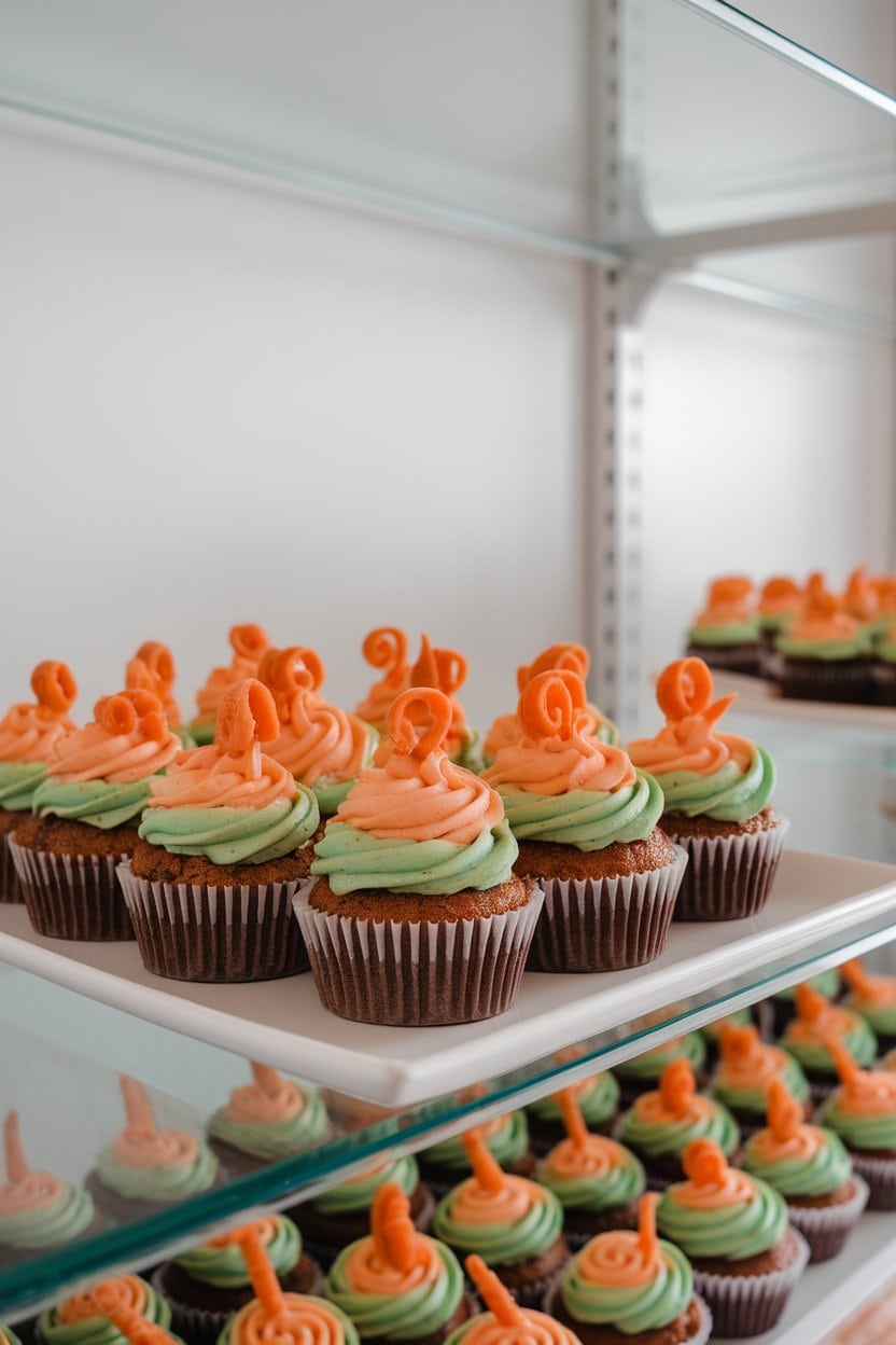 An indoor bakery shelf with frosted carrot cupcakes topped with tiny candied carrot curls, arranged in a neat row. No text or logos. Photo.