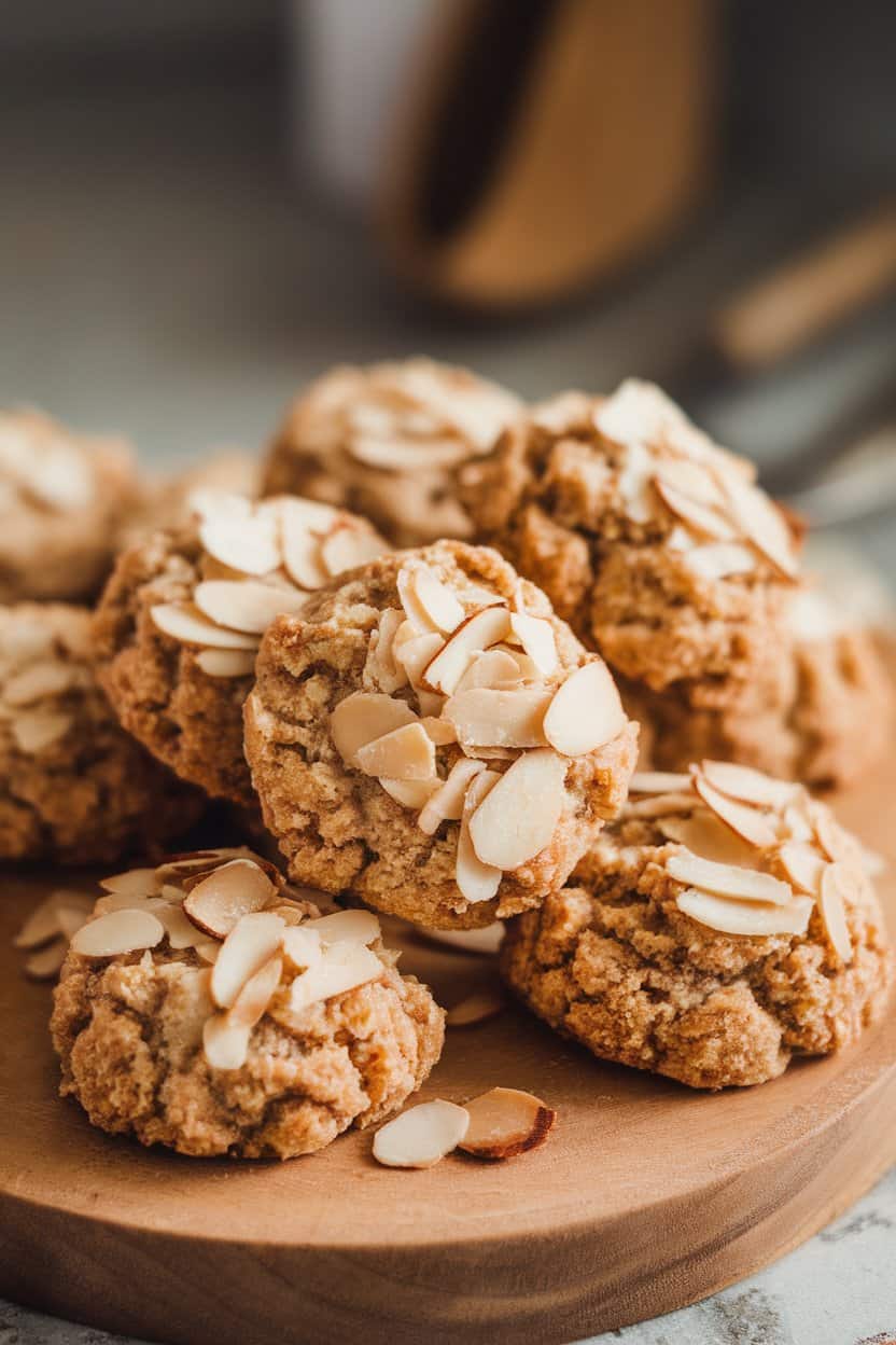 Indoor scene featuring almond sugar cookies topped with thin slivers of toasted almonds, set on a wooden board. No text or branding.