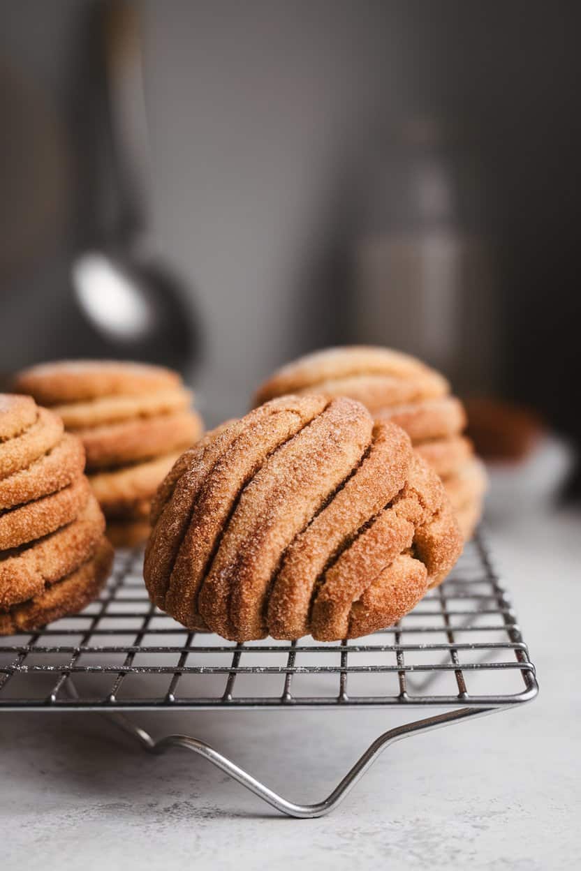 Photo prompt: Close-up indoor shot of cinnamon-sugar coated snickerdoodles on a wire rack, crackled tops visible, soft lighting, no text or logos.