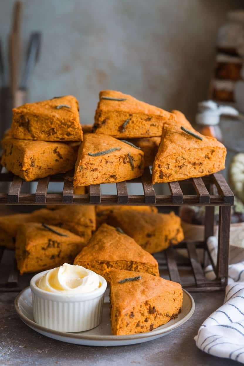 Indoor bakery rack holding small triangular pumpkin scones dotted with sage, a ramekin of whipped maple butter beside them. No text or logos, photo.