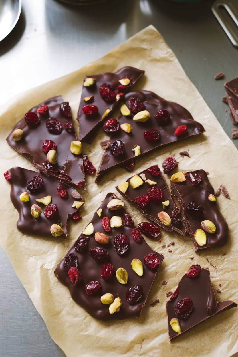 An indoor kitchen counter with broken shards of dark chocolate bark studded with dried cranberries and pistachios on parchment paper. No text or logos, photo only.