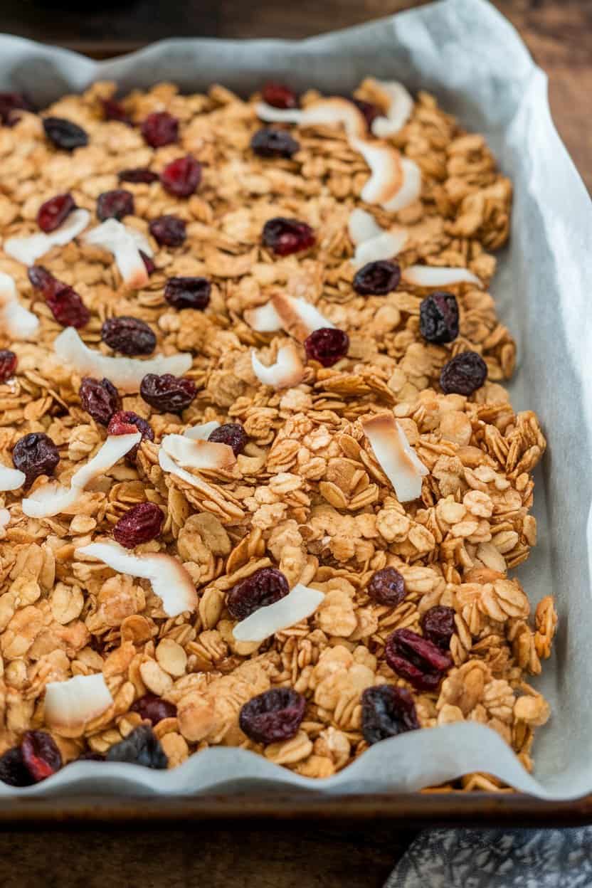 An indoor baking tray with golden granola clusters, visible dried cranberries and toasted coconut flakes, cooling on parchment. No text or logos, photo only.