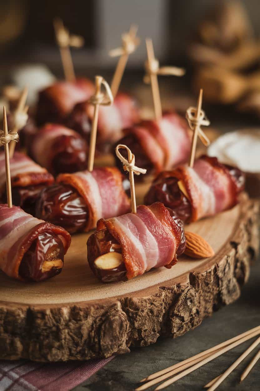 Indoors on a rustic wooden board, glossy bacon-wrapped dates browned at the edges with an almond peeking from one end, toothpicks nearby. Cozy warm lighting, no logos or text, photo not illustration.