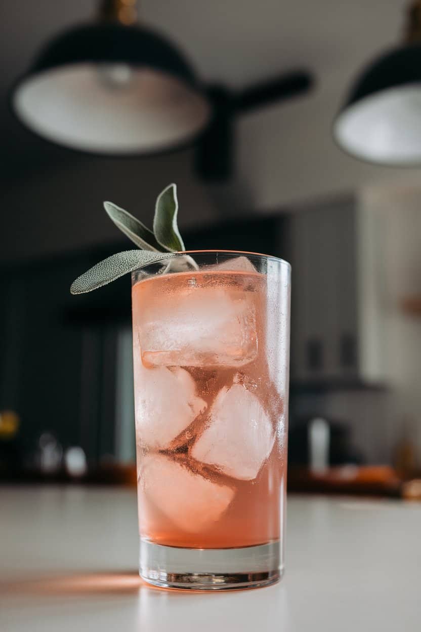 Highball glass indoors with a blush grapefruit paloma, large clear ice cubes, fresh sage leaf garnish; overhead kitchen pendant lighting, no text or logos. Photo only.
