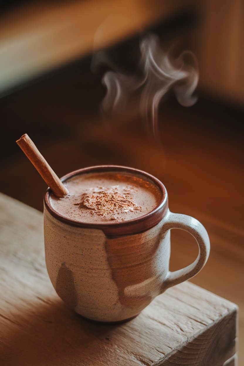 Ceramic mug indoors filled with thick chai-spiced hot chocolate, cinnamon stick stirrer visible, steam curling upward; warm house lighting, no text or logos. Photo only.