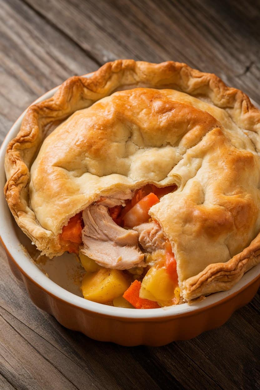 Indoor photo of a golden chicken pot pie in a ceramic dish, flaky crust broken to reveal filling of chicken and root vegetables, no text or logos
