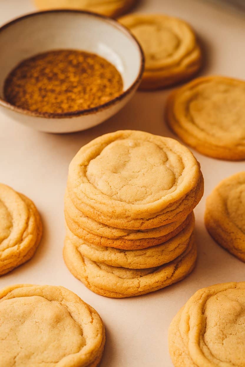 Warm indoor photo of vegan sugar cookies fresh out of the oven, golden on edges, bowl of flax “egg” mixture beside them, no text or logos.