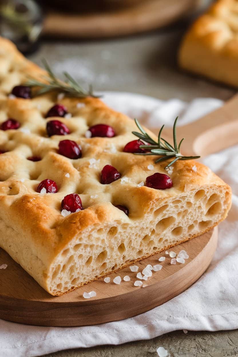 An indoor bakery board holding a slab of golden focaccia studded with cranberries and rosemary leaves, sea-salt crystals visible. No text or logos, photo only.