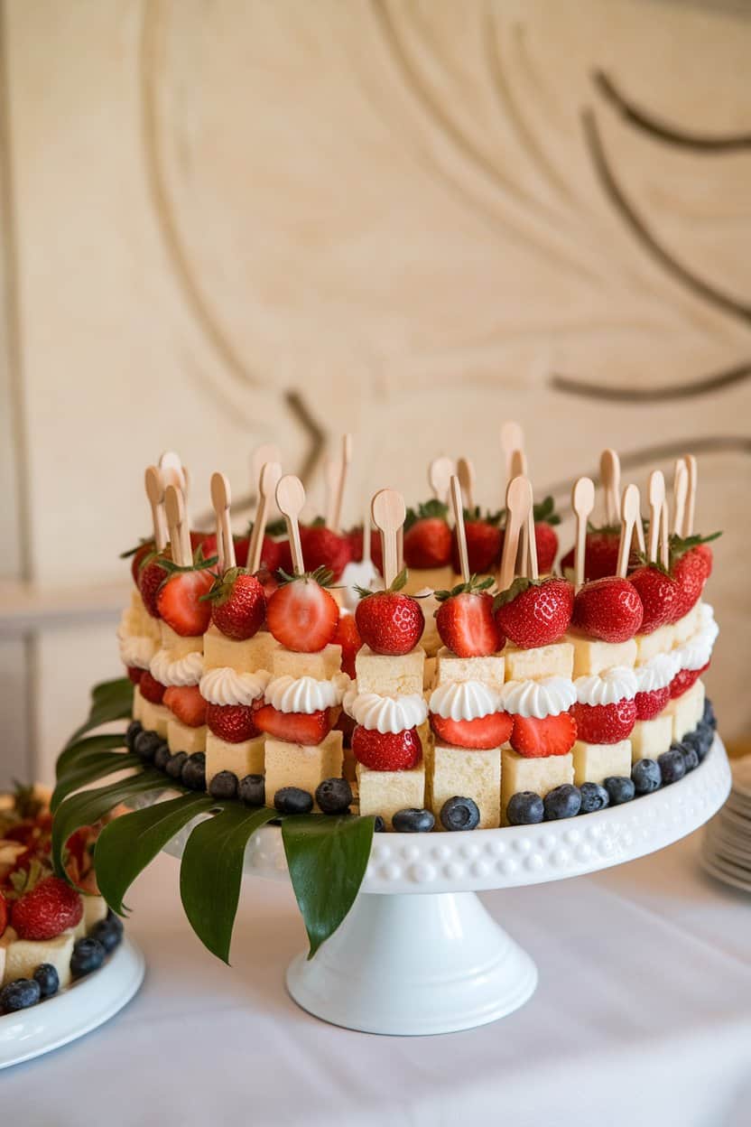 An indoor banquet table with wooden skewers threaded with cubes of pound cake, strawberries, blueberries, and dollops of whipped cream piped between sections, served on a white platter. No text or logos. Photo.
