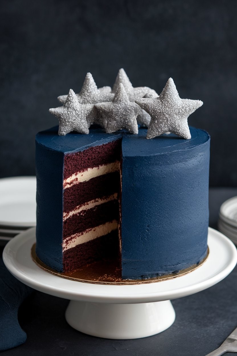 Indoor spotlighted presentation of a deep navy blue velvet cake sliced to reveal dark cocoa layers, topped with silver sugar stars, no text or logos.