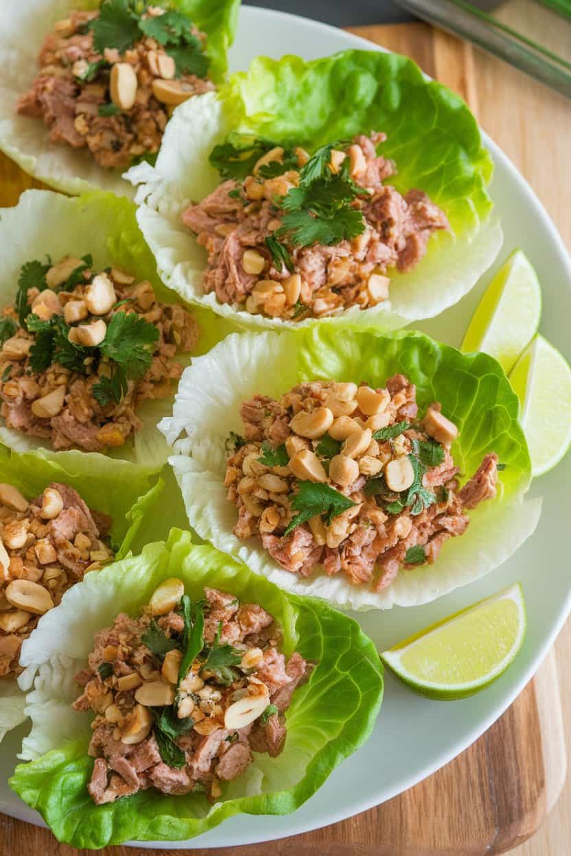 Indoor platter of crisp butter lettuce leaves filled with minced turkey, herbs, and chopped peanuts, lime wedges alongside. No text or logos, photo.
