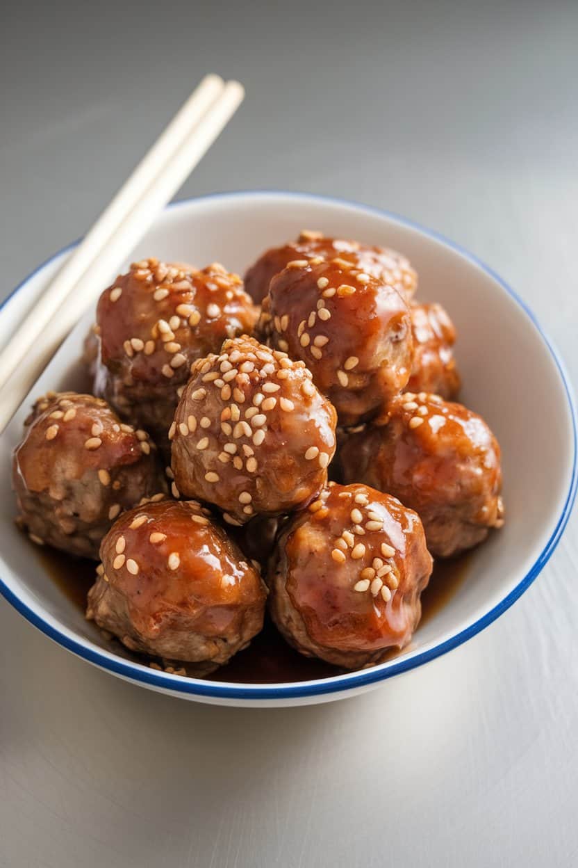 Indoor photo of glazed meatballs sprinkled with sesame seeds in a shallow bowl, chopsticks resting alongside; no text or logos.