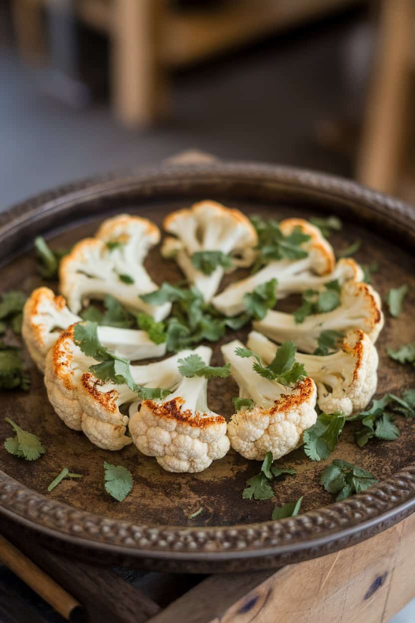 Indoor photo of thick cauliflower slices roasted to golden edges, sprinkled with chopped cilantro on a rustic tray; no text or logos.