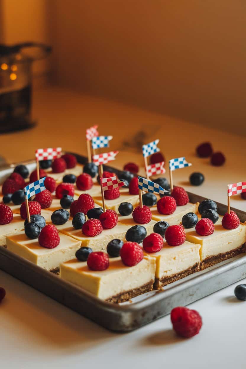 A warmly lit indoor counter with a baking pan of cheesecake bars cut into squares, each topped with alternating raspberry and blueberry dots forming mini flags. No text or logos. Photo.