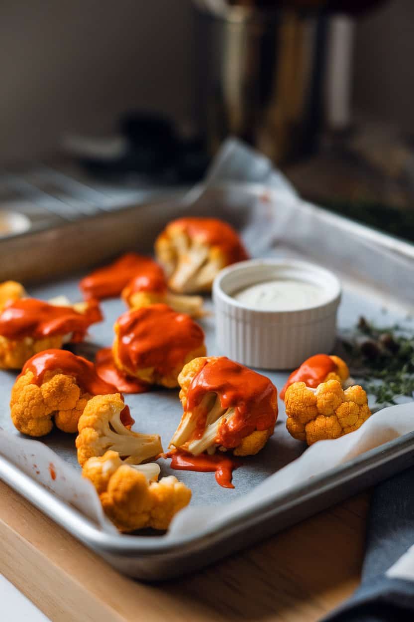 Indoor tray lined with parchment holding roasted cauliflower florets coated in Buffalo sauce, a small ramekin of ranch nearby. Soft lighting, no text or logos. Photo only.