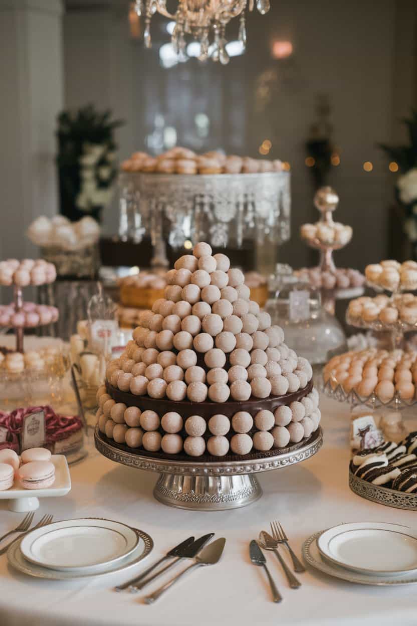 Indoor dessert table with a cake topped by shiny, round chocolate truffles dusted with edible luster dust resembling ornaments, no text or logos.