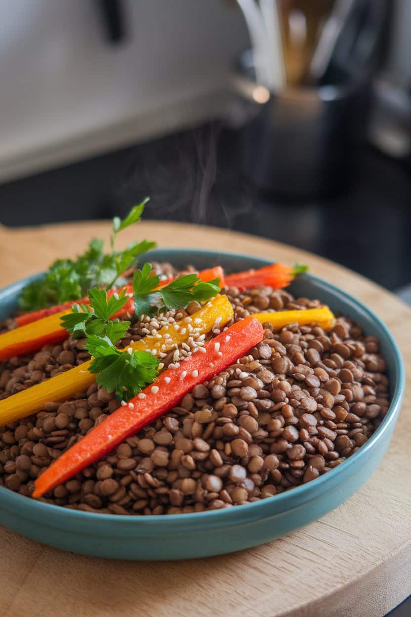 Indoor photo of a shallow dish filled with warm brown lentils, roasted rainbow carrot sticks, and fresh parsley, steam just visible. No text or logos.