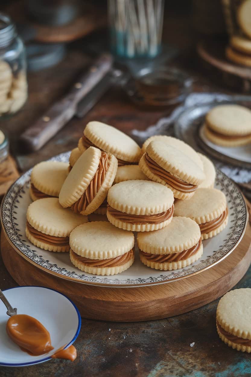 Photo indoors of sandwich sugar cookies filled with thick dulce de leche, a spoonful of caramel resting on a saucer. No text or logos present.