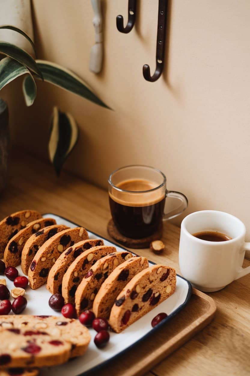 An indoor coffee corner with a tray of sliced biscotti showing cranberries and hazelnuts, a mug of espresso nearby. No text or logos, photo only.
