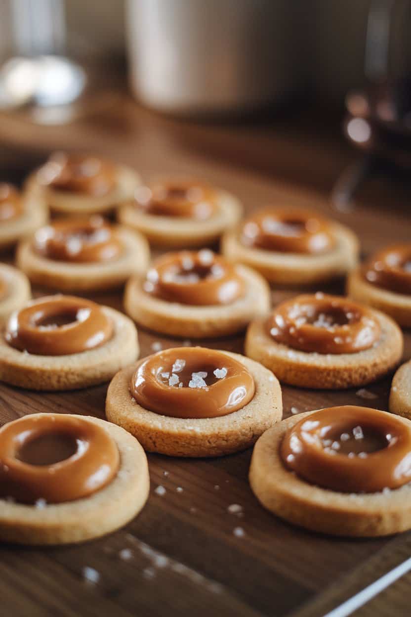 Photo prompt: Wooden indoor counter with caramel-filled thumbprint cookies sprinkled with flaky salt, caramel glistening under warm light, no text or logos.