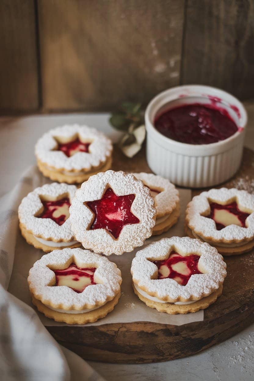 Photo of an indoor bakery-style setup featuring linzer cookies with powdered-sugar tops cut to reveal raspberry jam in a spiderweb pattern—soft warm lighting, no text or logos.