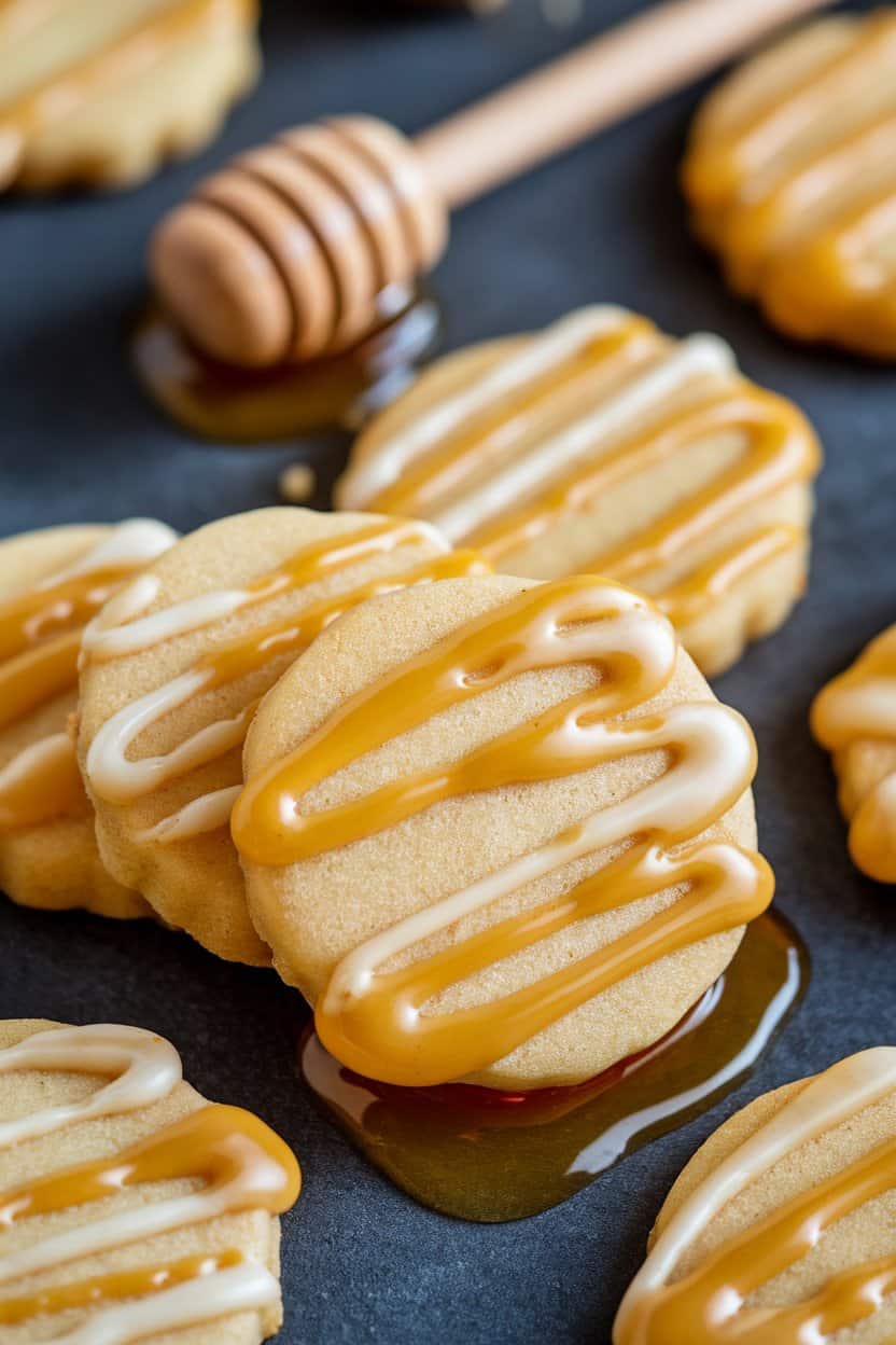 Indoor close-up of golden honey sugar cookies drizzled with extra honey, wooden dipper resting alongside. No brand marks visible.
