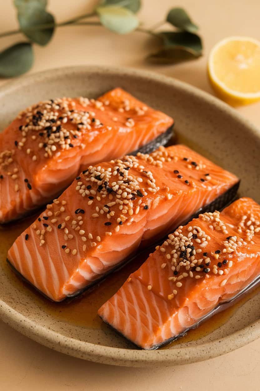 Indoor photo of cooked salmon fillets brushed with glossy maple glaze and sprinkled with sesame seeds on a stoneware platter, no text or logos