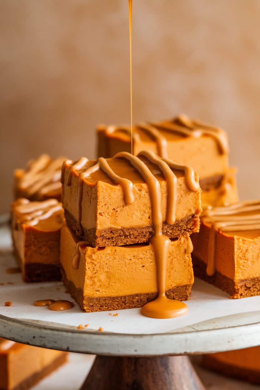 Indoor photo of square pumpkin cheesecake bars topped with butterscotch drizzle on a serving tray, no text or logos