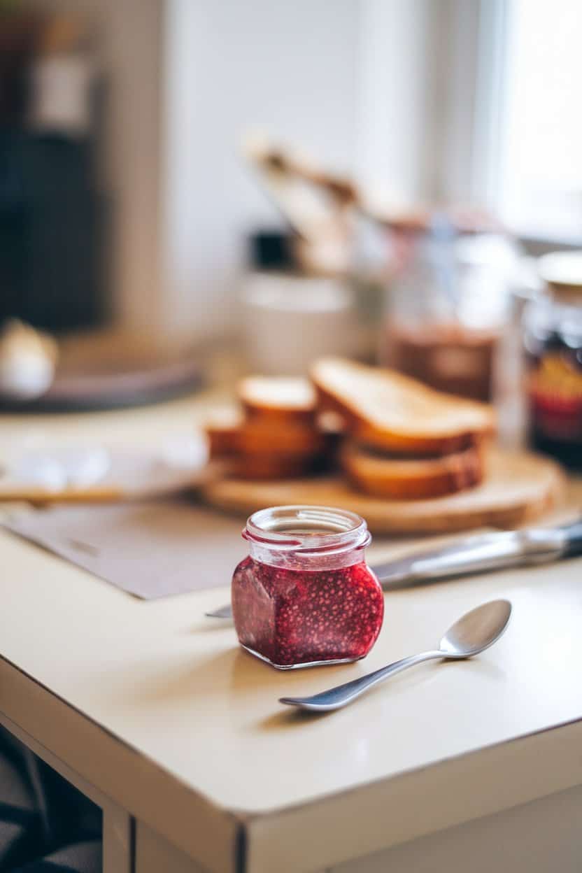 An indoor breakfast counter with a small jar of cranberry chia jam, spoon resting nearby, toast slices in the background. No text or logos, photo only.