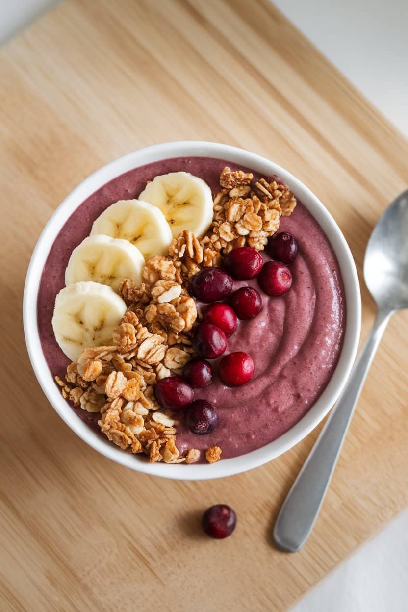 An indoor breakfast bar displaying a smoothie bowl colored deep pink, topped with granola, sliced banana, and fresh cranberries. No text or logos, photo only.