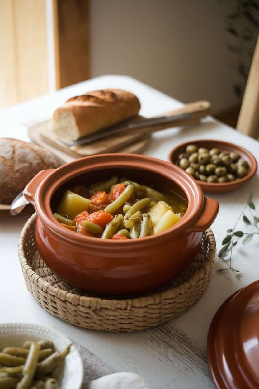 Indoor dining table with a clay pot of stewed green beans, tomatoes, and potatoes in olive oil; soft natural light, no text or logos