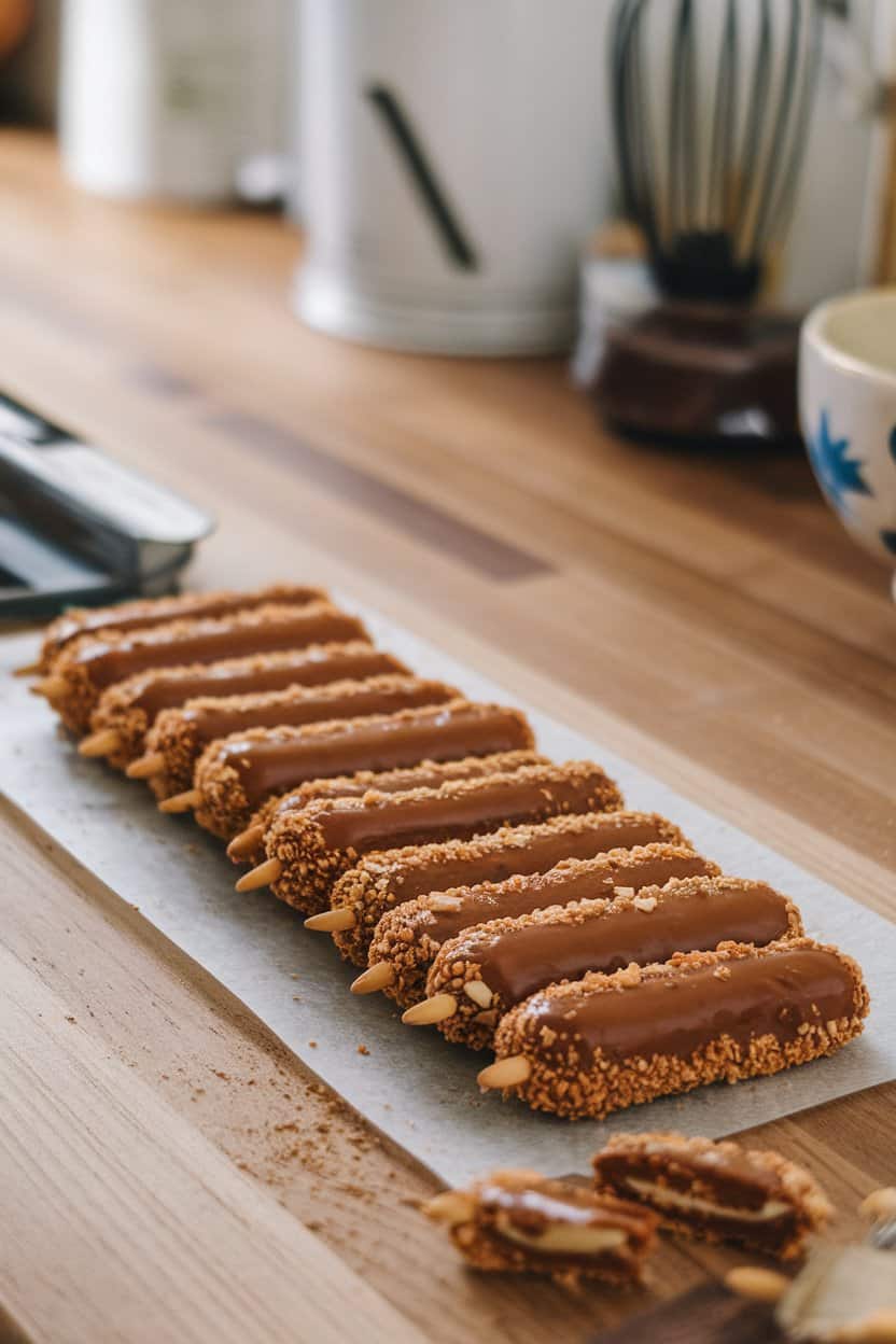 Photo of an indoor countertop with elongated cookies dipped in caramel and rolled in crushed pretzels, almond “nails” at the tips—no text or logos.