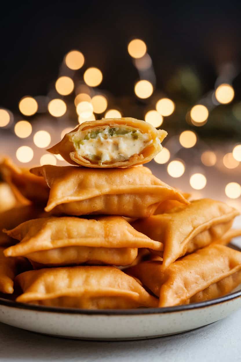 Indoor plate stacked with golden fried wontons, one broken open to reveal creamy jalapeño-cheese filling. Soft holiday lights blurred in background, no logos. Photo only.