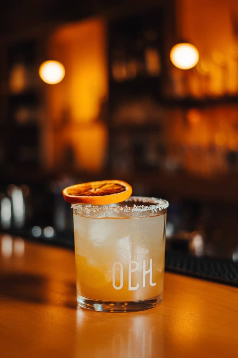 Rocks glass indoors with smoky charred citrus margarita, half-salt rim, torched orange wheel on top; craft cocktail bar lighting, no text or logos. Photo only.