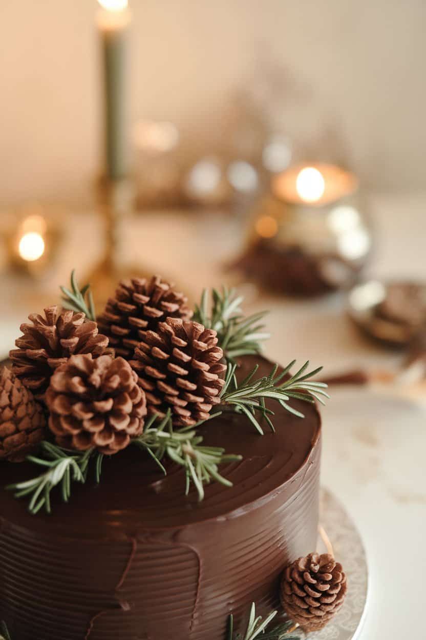 Indoor tabletop with a dark chocolate ganache cake dotted by realistic chocolate pinecones and rosemary “spruce” branches, no text or logos.