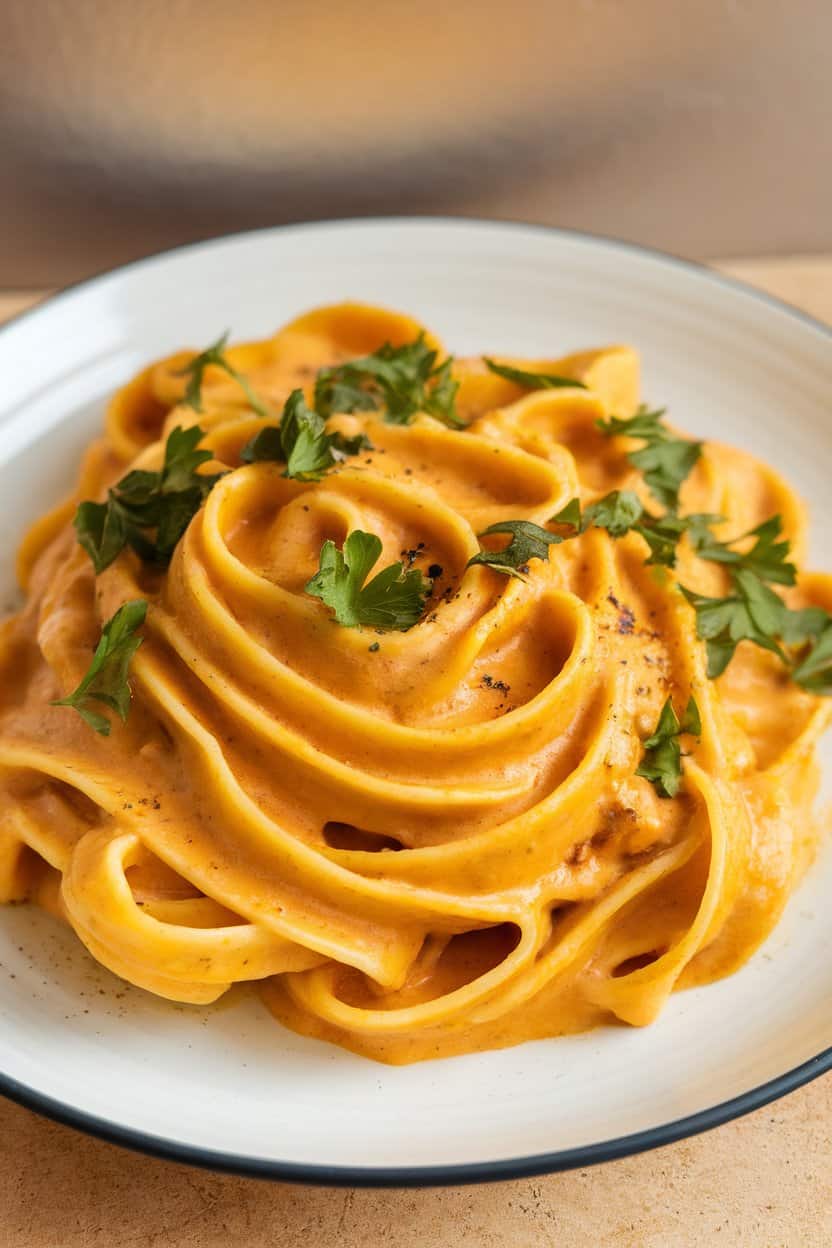 Indoor photo of fettuccine coated in creamy pumpkin Alfredo sauce, sprinkled with parsley, no text or logos