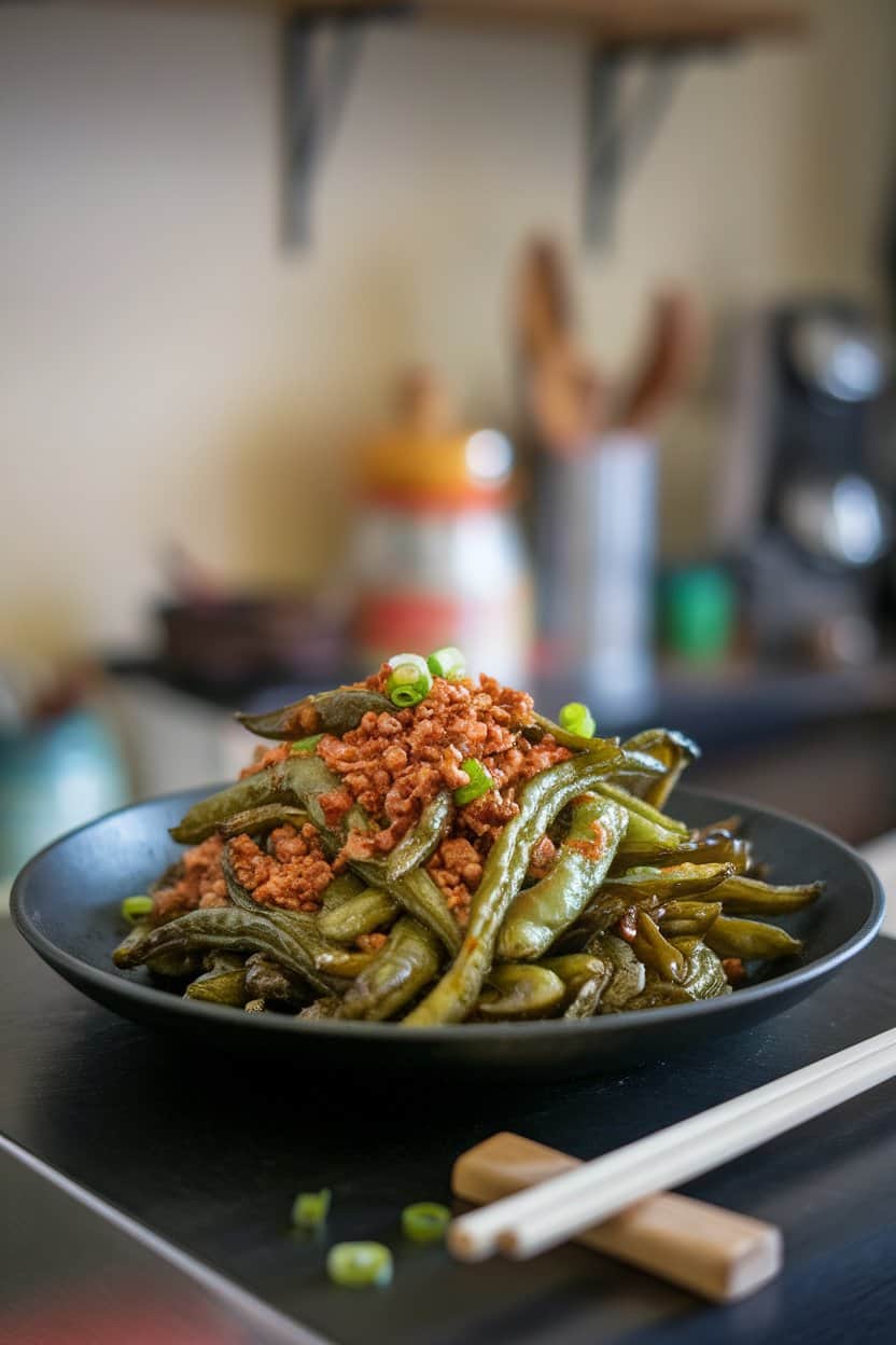 Photo of a wok-fried plate of wrinkled, blistered green beans garnished with minced pork and chili flakes, presented indoors; no text or logos