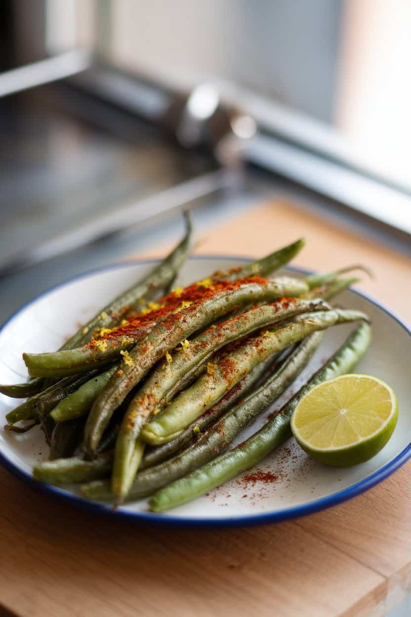 Indoor plate of cooked, lightly charred green beans dusted with chili powder and lime zest, resting on a kitchen counter; no text or logos