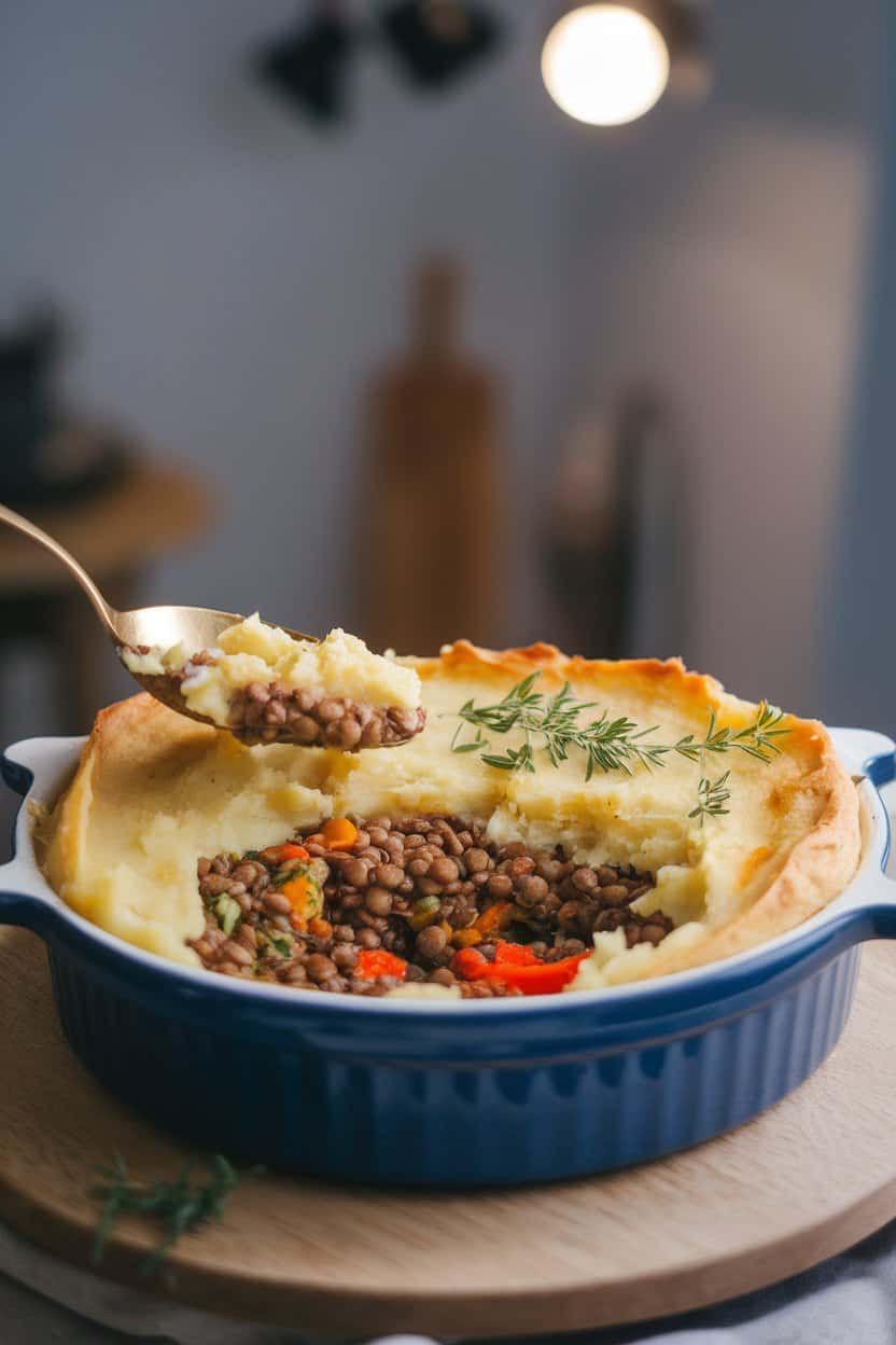 Indoor photo of a casserole dish with golden mashed potato topping spooned open to reveal lentil and vegetable filling beneath; no text or logos.