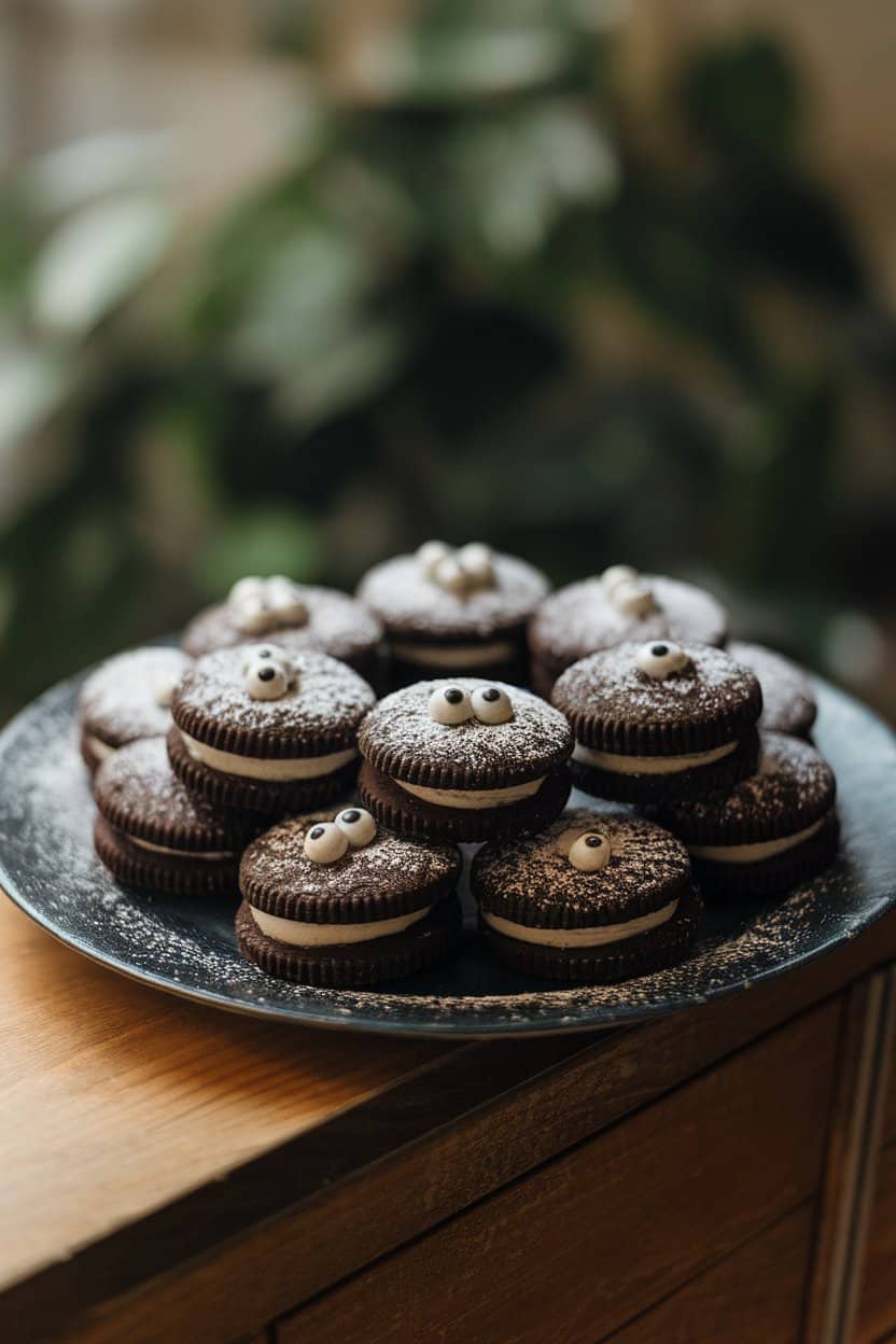 Photo of an indoor dessert plate stacked with round, midnight-black cocoa sandwich cookies decorated with petite candy eyes—soft ambient lighting, no text or logos.