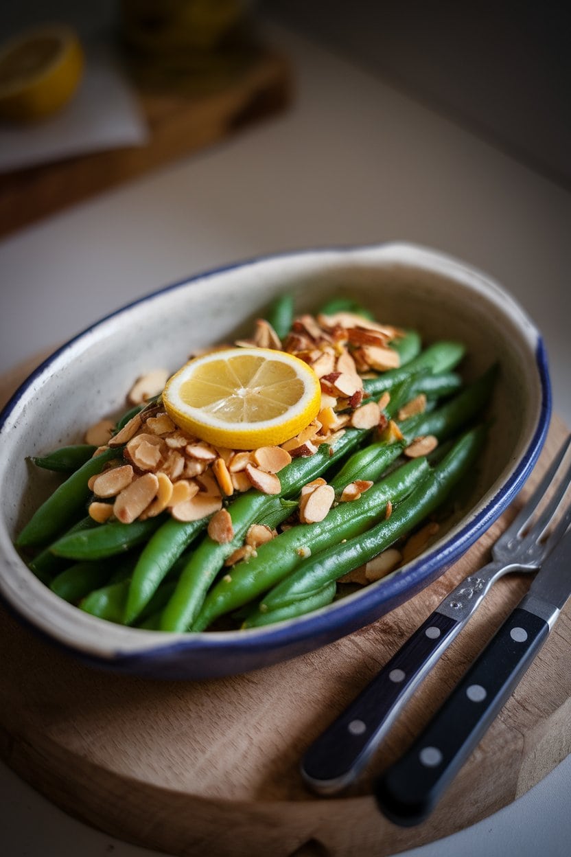 Photo of a shallow ceramic dish indoors, showcasing bright green beans topped with toasted almond slices and a squeeze of lemon; soft directional light, no text or logos