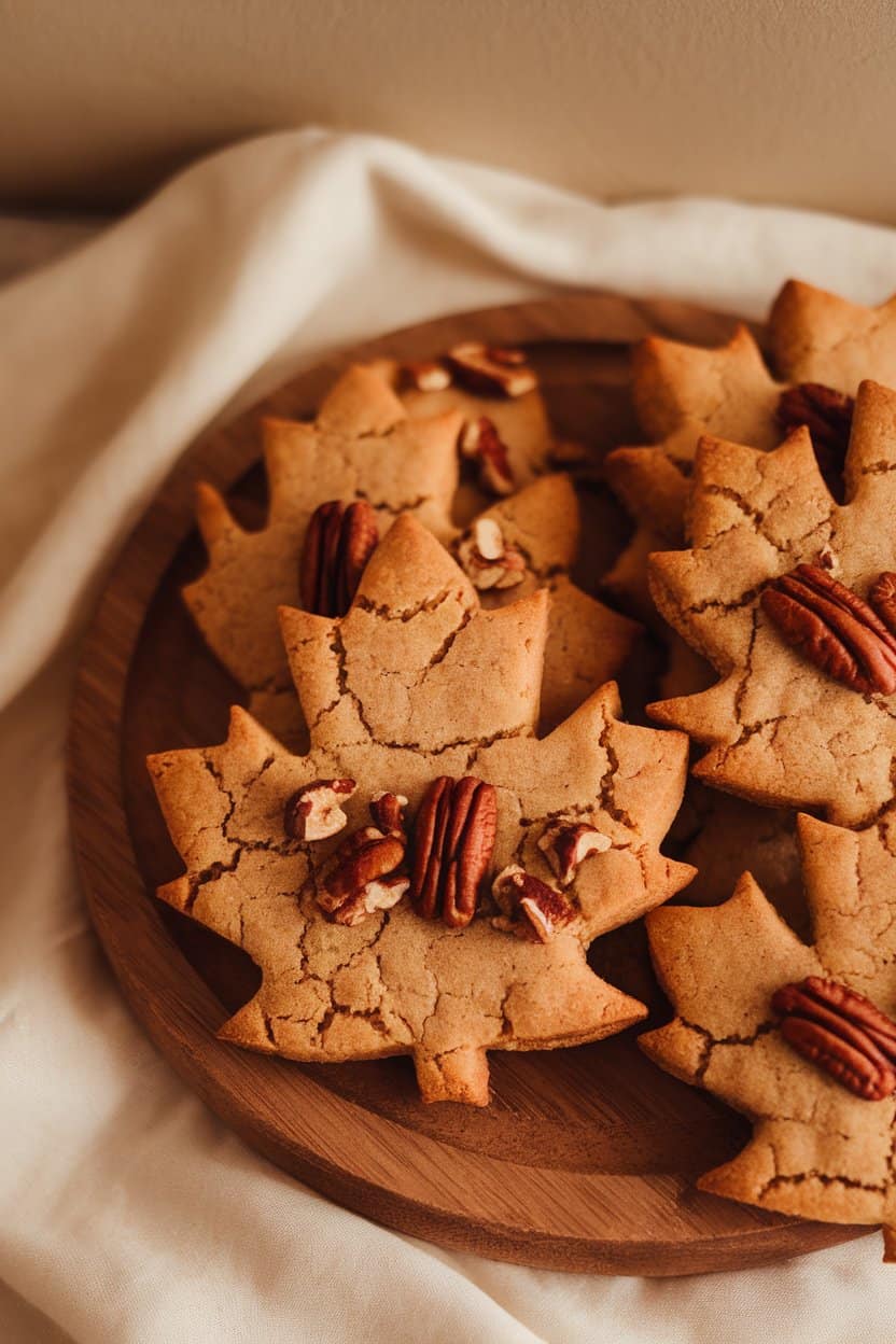Photo of an indoor wooden board holding maple-shaped cookies speckled with toasted pecan bits, warm afternoon lighting, no text or logos.