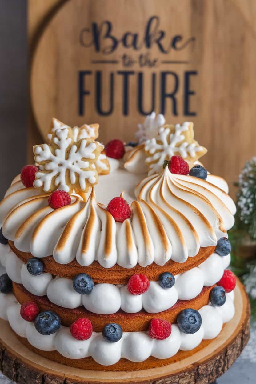 Indoor angle on a cake covered with swoops of toasted Italian meringue forming fluffy snow banks, no text or logos.