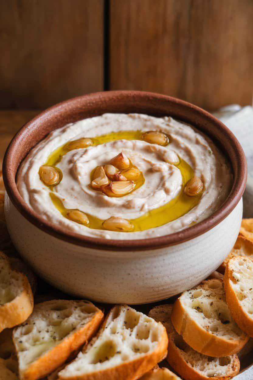 A ceramic bowl indoors containing creamy white bean dip swirled with olive oil and roasted garlic cloves, crostini piled beside it. No text or logos, photo.