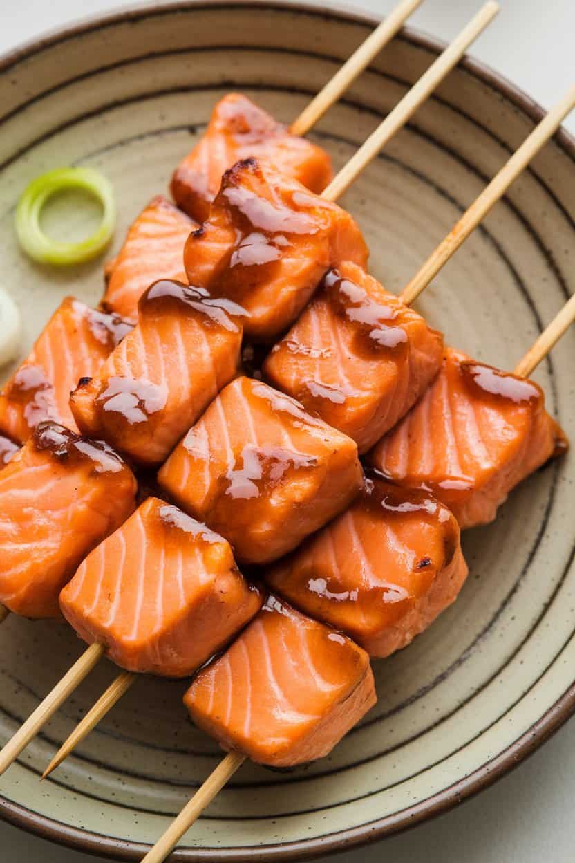 Indoor photo of cooked salmon cubes glazed with teriyaki on bamboo skewers, resting on a ceramic plate with a few scallion rings; no text or logos; fish fully cooked.