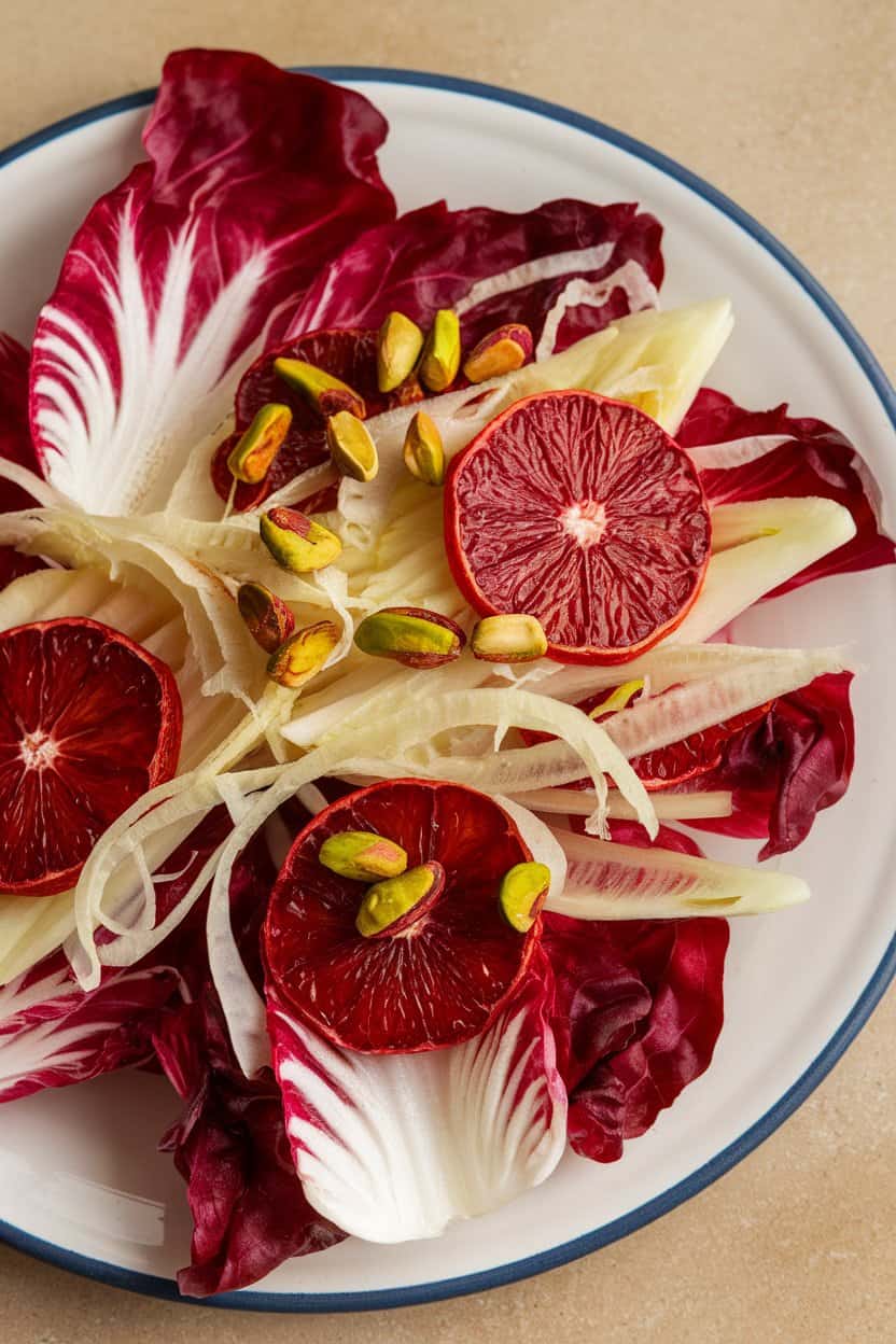 Indoor photo of torn radicchio leaves topped with blood-orange segments and shaved fennel, garnished with pistachios. No text or logos.
