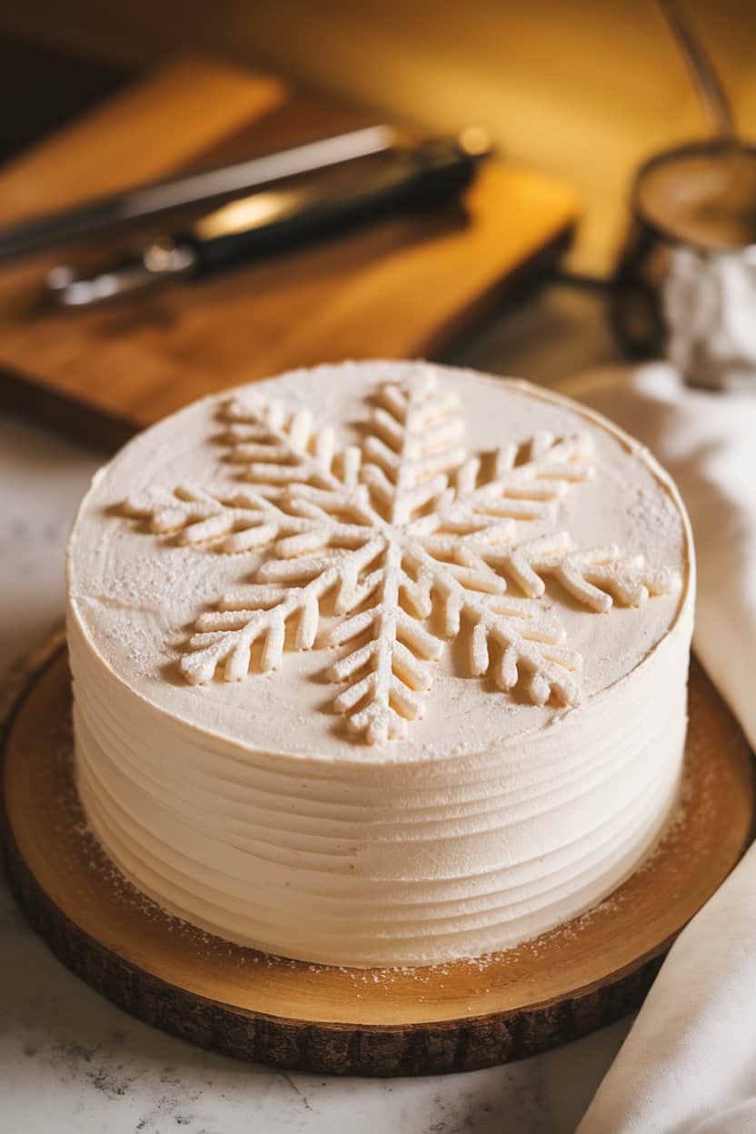 A warmly lit indoor pastry studio scene showing a round vanilla sponge cake frosted in smooth white buttercream, a dusting of powdered sugar forming crisp snowflake patterns created with a stencil; photo, not illustration, no text or logos.